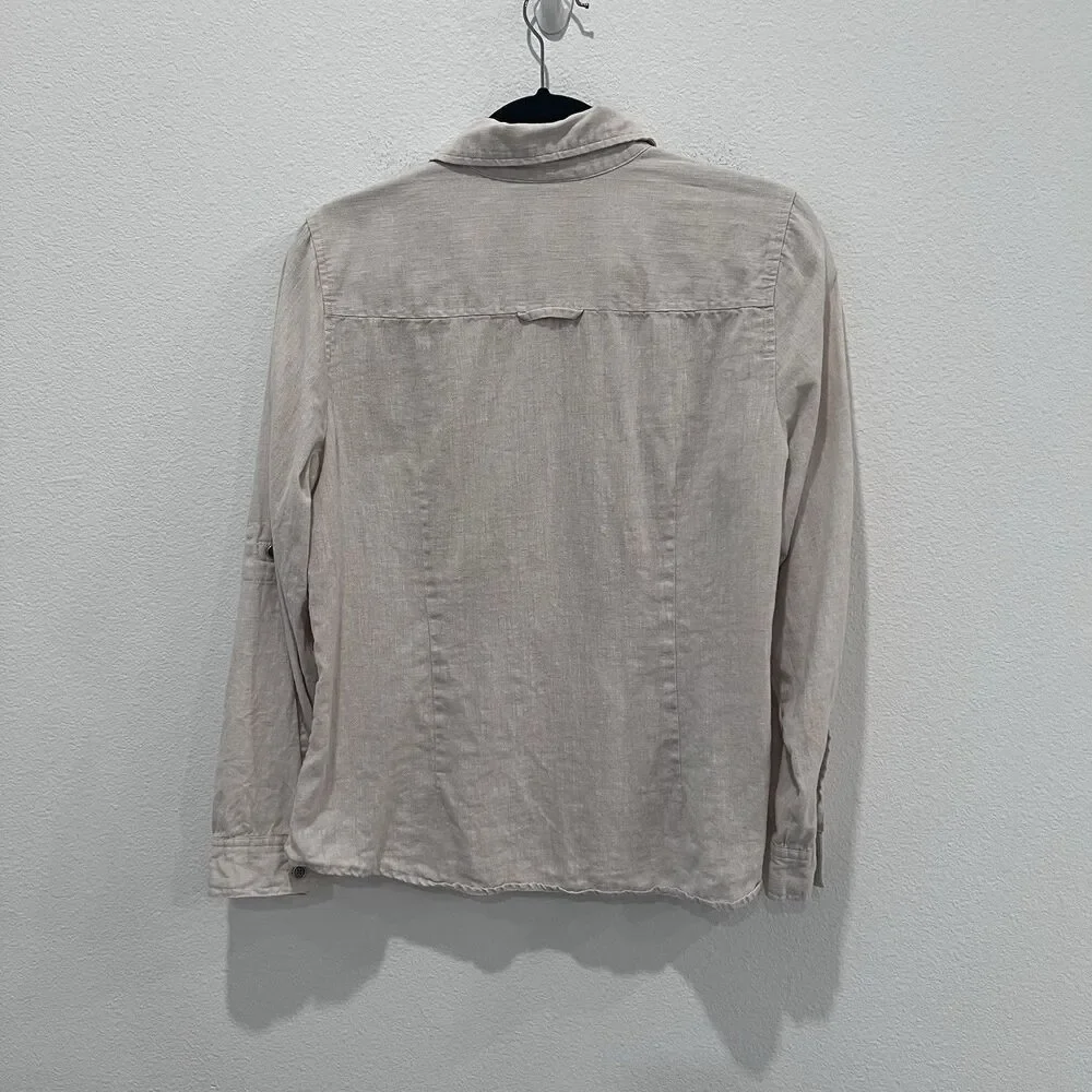 Women’s Linen Tan Button Up Shirt Tab Sleeve Size 12 Resort Vacation Coastal - Picture 5 of 7